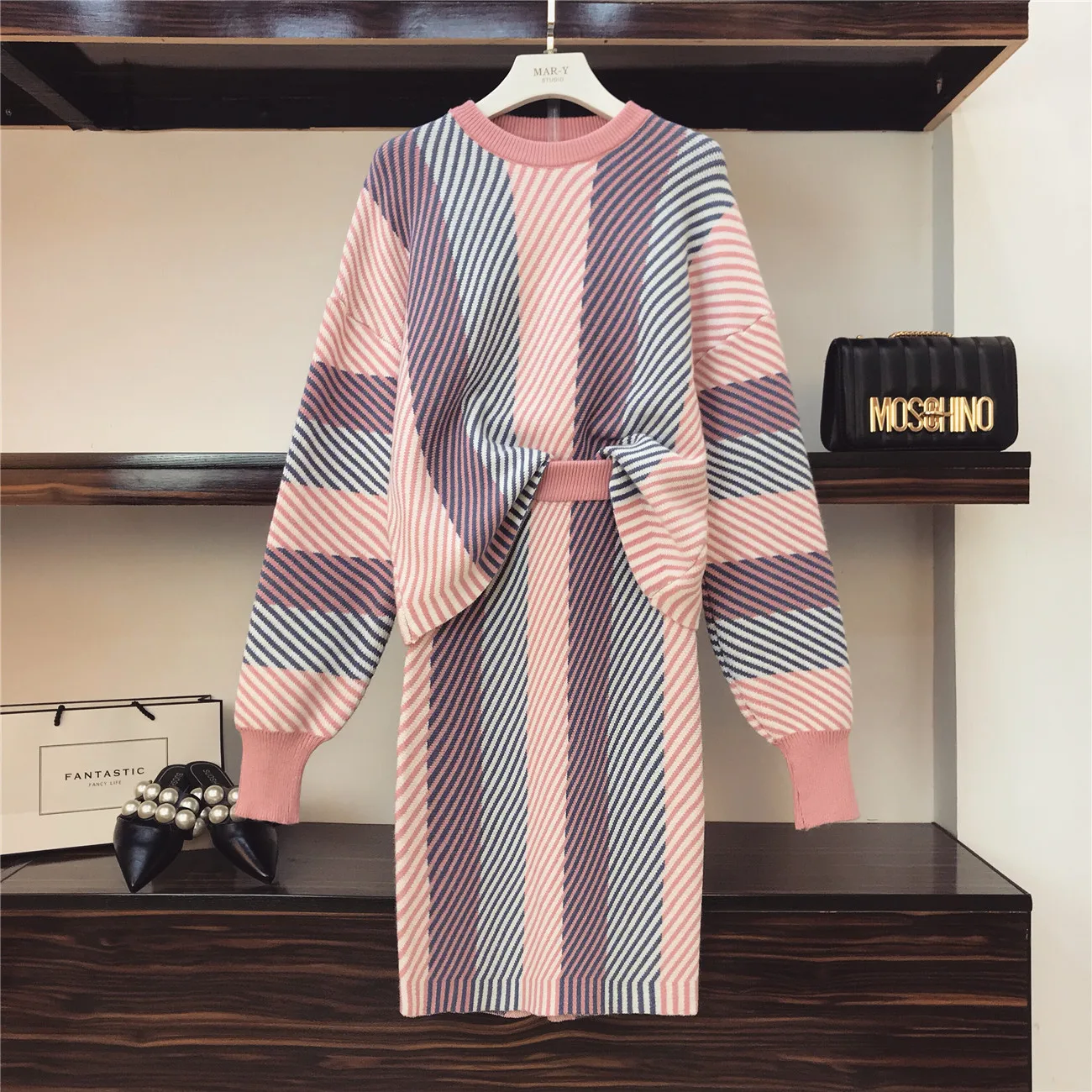 ALPHALMODA Autumn Winter Color Striped Knit Skirt Suit Loose Pullover sweater Back Slit Skirts Women 2pcs Casual Sets