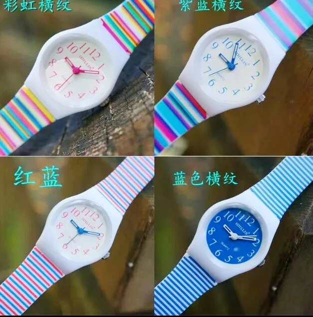 Уиллис мини Для женщин красочный полосатый принт аналоговые кварцевые часы с Пластик ремень Для женщин платье часы 0150 10 шт./лот