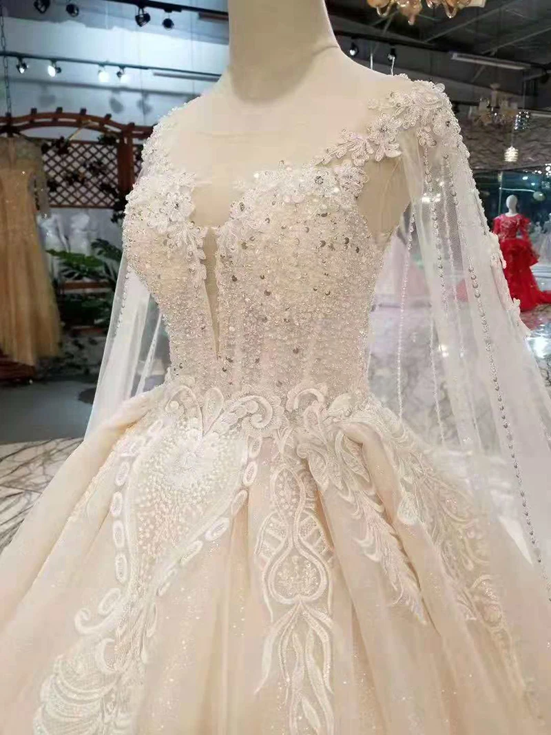 LSS284 светильник Свадебные платья цвета шампань с длинным мысом Иллюзия o-образным вырезом на шнуровке сзади Свадебные платья бальное платье от настоящей фабрики
