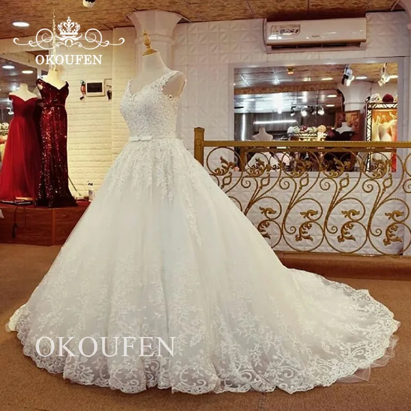 

Luxury Beads Lace Wedding Dress For Women Long Chapel Train Appliques White Long Puffy A Line Bridal Dresses Gown