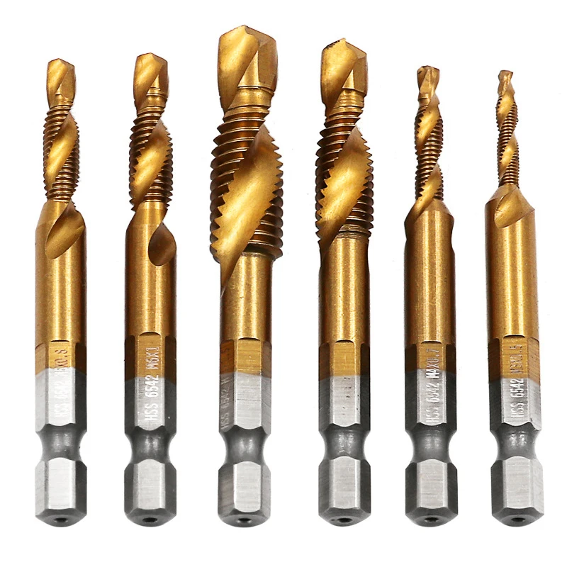 

6pcs Metric Hexagonal Handle Composite Tap Titanium Plated Drill Bit Hole Opening Tapping Chamfering HSS 6542 Screw Tap