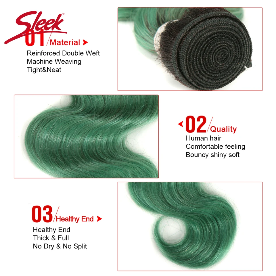 Sleek Colorful Hair Pre-colored Ombre Bundle TT1B/TUQIV# Green Brazilian Hair Weave Bundles Body Wave Virgin Remy Hair Extension