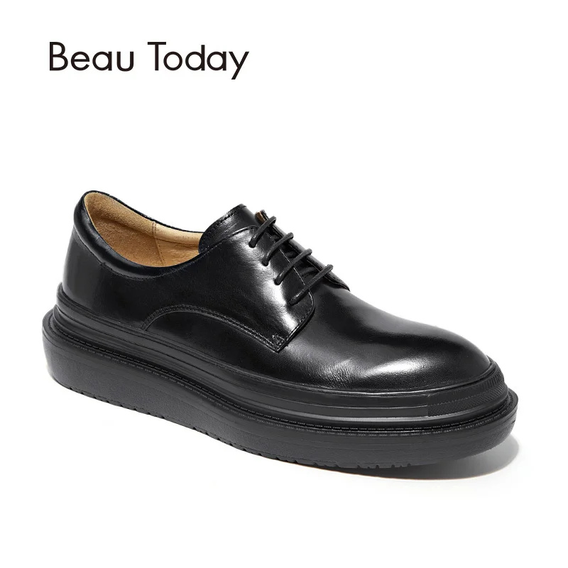 

BeauToday Women Derby Shoes Top Quality Genuine Cow Leather Round Toe Flat Platform Lace-Up Lady Shoes Handmade 21404