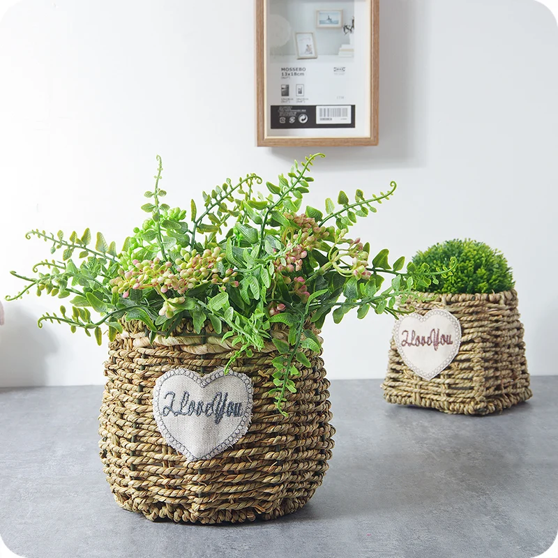 1pc Handmade Straw Flower Pot Living Room Tabletop Garden Pastoral