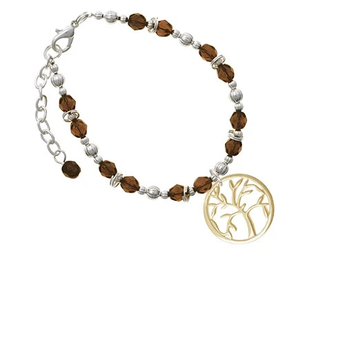 Goldtone Tree of Life in Circle Brown Beaded Bracelet