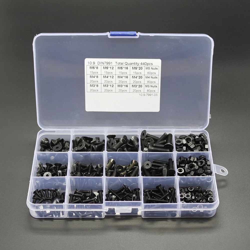 

NEW 440pcs M3 M4 M5 black high strength countersunk head Hexagonal hex (agonal) screws with nuts combination kit Boxed