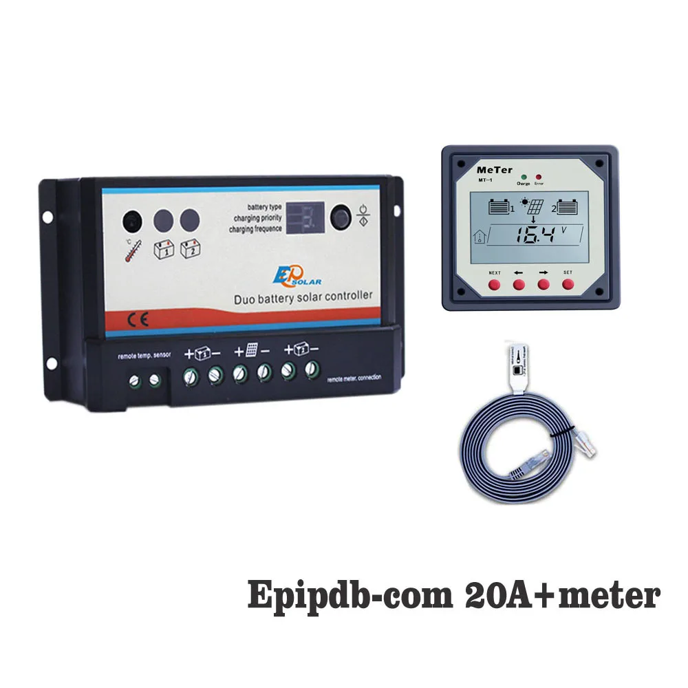 

EPIPDB-COM 20A 12V 24V Dual Duo Two Battery Solar Charge Controller Regulators with MT1 MT-1 remote Meter Display