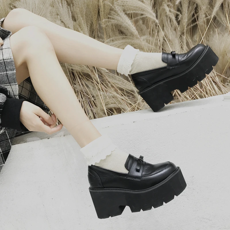 

Japanese Student Uniform Lolita Shoes Cute Bow Round Head Waterproof Platform Black College Women Shoes