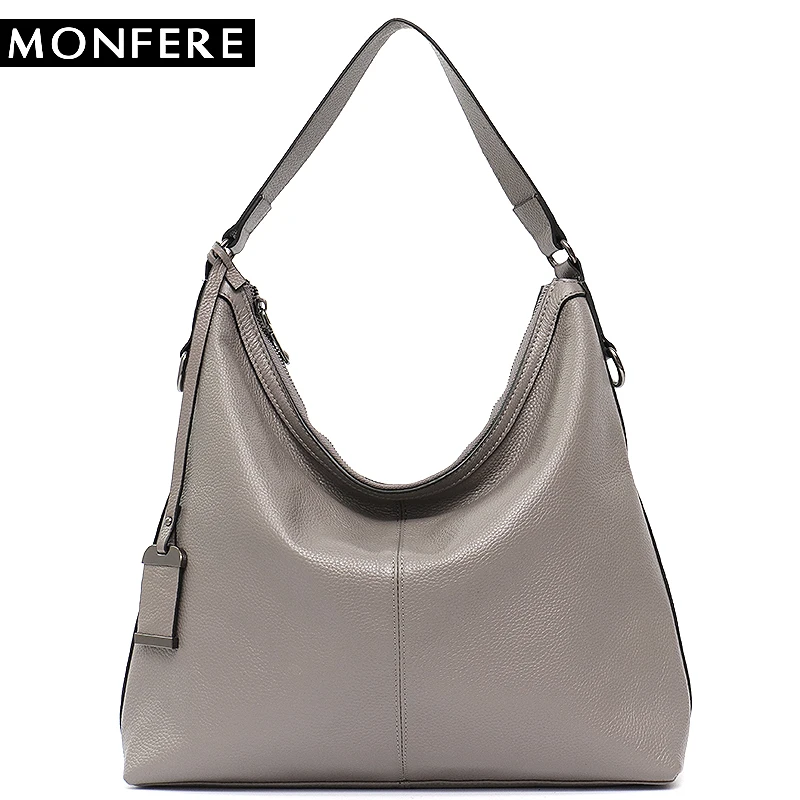 

MONFER 100% Genuine Leather Hobo Large Women Shoulder Bag Female Cross body Zipper Bag High Quality Cowhide Tote Leather Handbag