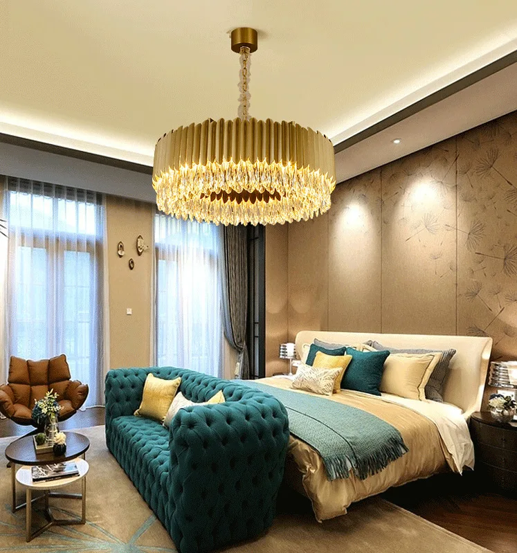 

Modern Round Crystal Parlor Pendant Lights Gold Stainless Steel Bedroom Hall LED Pendant Lamp Loft Deco Ceiling Fixture 110-220V