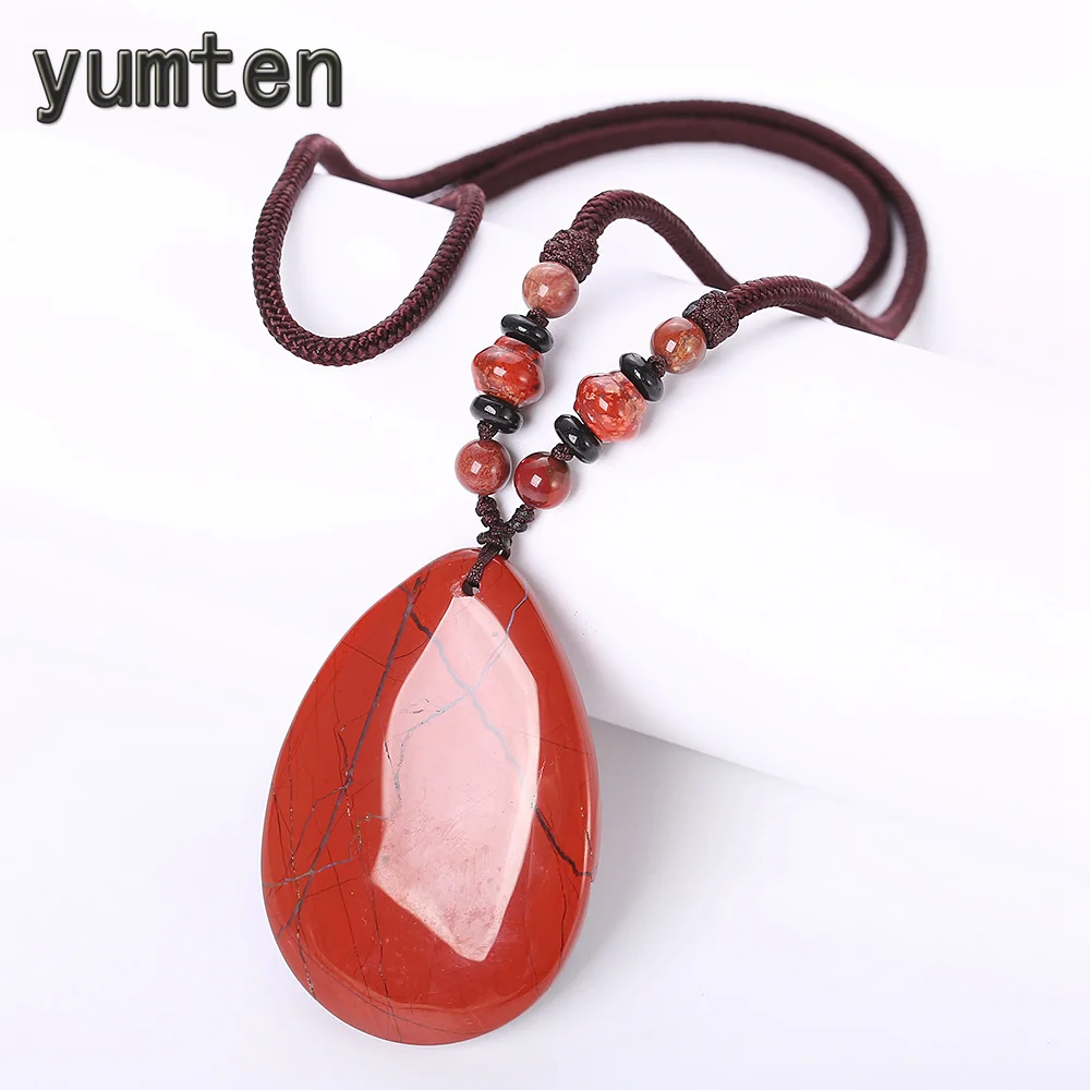 

Yumten Red Pendant Necklace Natural Jasper Naszyjnik Hyperbole Women Long Chain Party Rope Chain Geometric Stone Beads Jewellery