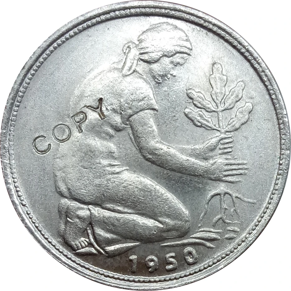 

GERMANY FEDERAL REPUBLIC 1950 G 50 Pfennig Brass Plated Nickel Copy Coins