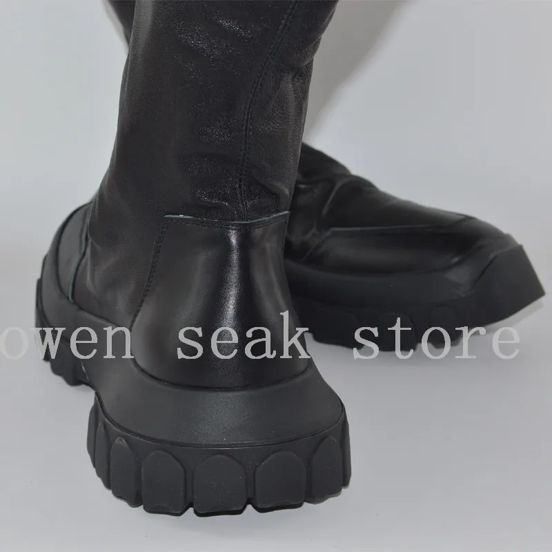 - Owen Seak Men Shoes Knee High Boots Sheepskin Leather Luxury Trainers Winter Boots Casual Flats Shoes Black Big Sneakers