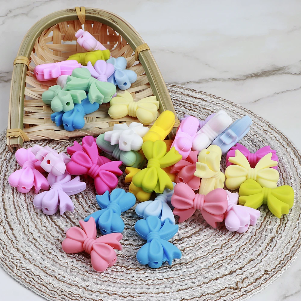 Bowknot Silicone Beads Silicone Teething Toys Silicone Beads Silicone Teether Silicone Teething Beads For Baby Necklace Teether BPA Free Baby Pacifier Chain DIY Accessories 10Pc