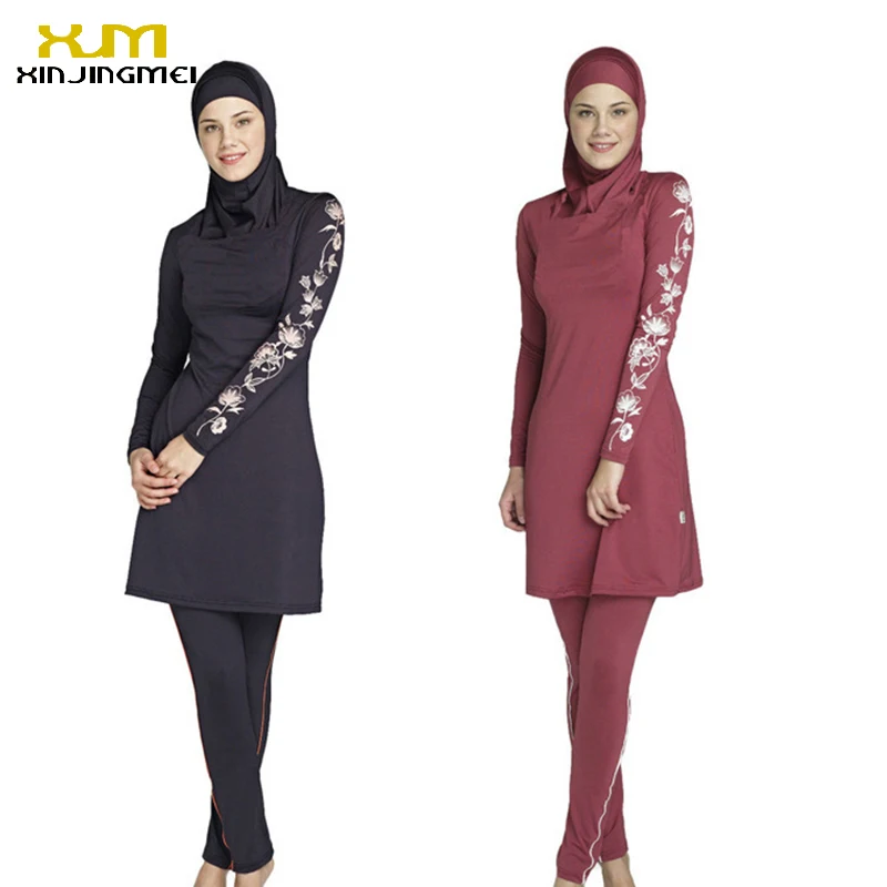 

New muslim swimsuit black and red sunscreen islamic ladies' swimwear modest swimwear with flower printed muslim swimming clothes