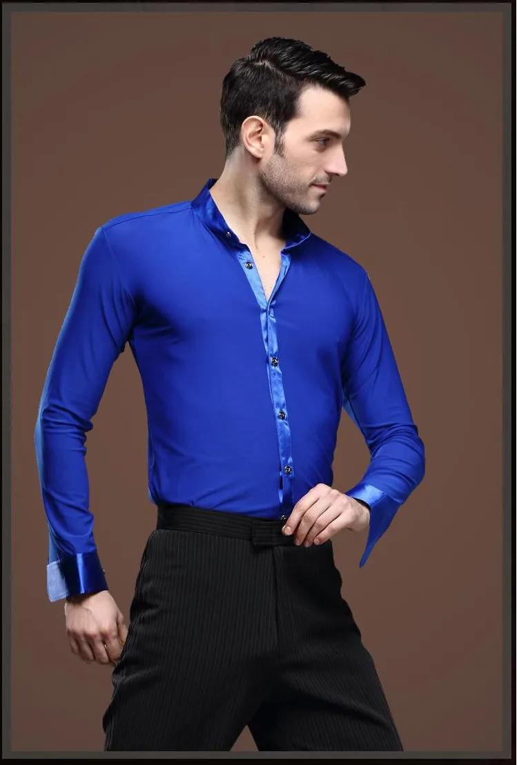 Новые мужские топы для бальных танцев с длинным рукавом, мужские рубашки для латинских танцев с отворотом/воротником для практики/выступлений, Одежда для танцев, топы синего цвета