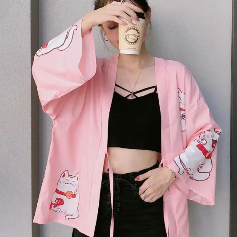 Винтажный Японский стиль юката летняя Женская кимоно куртка тонкий кардиган рубашка свободная Солнцезащитная блуза японская одежда