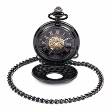 Men Women Steampunk Skeleton Mechanical Black Roman Number Dial Hollow Case Hand Wind Mechanical Pocket Watch Nice Xmas Gift