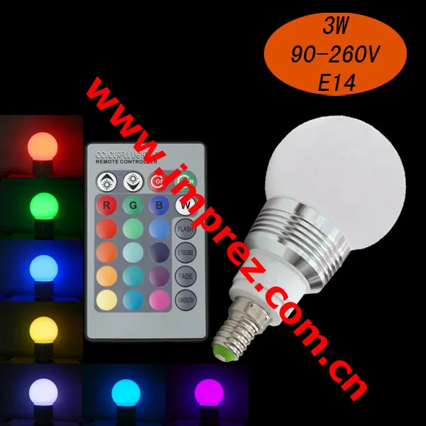

Free shipping Hot sell! 110V 220V E14 E27 3W RGB LED Bulb Spotlight with ir remote control/rgb bulb lamp