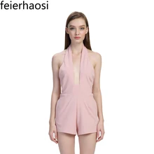 

feierhaosi women sexy playsuit bodycon overalls bodysuit pink backless romper with pocket clothing jumpsuits for women F1737