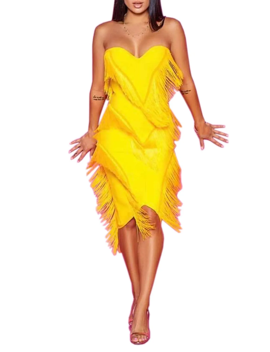 

2019 Women Strapless Tassel Dress Streetwear Bodycon Dress Summer Sexy Club Party Dress