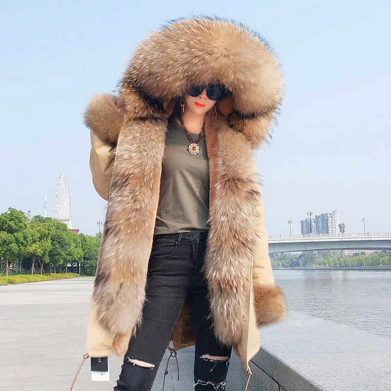 

2019 True Fur Parka women jacket winter Hooded Warm raccoon fur coat Natural raccoon fur casual Parkasfaux fur coat Lining
