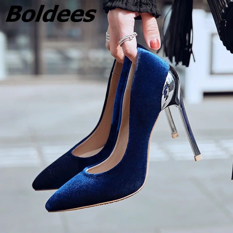 

Boldees New Design Velvet Pointed Toe Stiletto Heel Pumps Women Sexy Metal Thin High Heel Shoes Formal Party Dress Shoes Hot