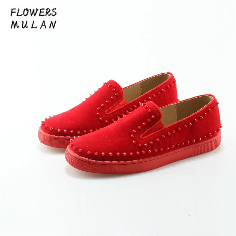 

Handmade Fashion Mens Shoes Red Suede Rivets Round Toe Slip-on Flats Hot Style Popular Shoes Men Sneakers Casual Shoes Footwear