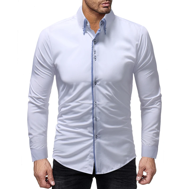 2018 new best selling men's shirts double-layer collar door edging men's casual slim long-sleeved shirt solid color long-sleeved