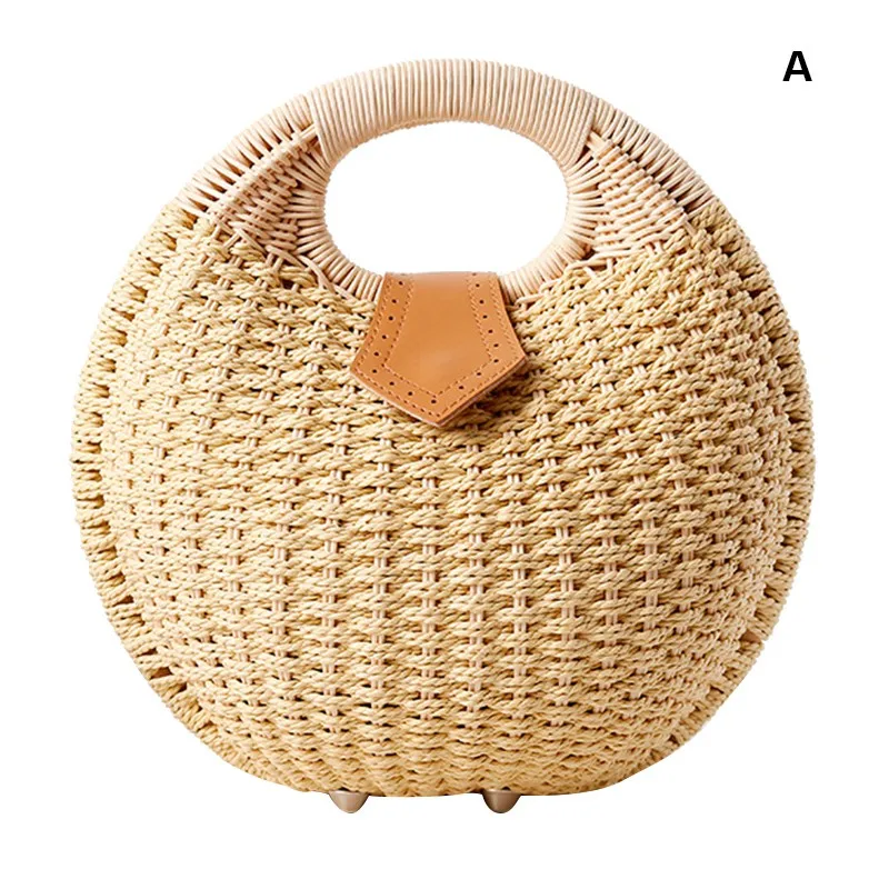Для женщин хозяйственная сумка с соломенной ручная работа круглая форма сплошной цвет выдалбливают лаконичные пляжные сумки - Цвет: A
