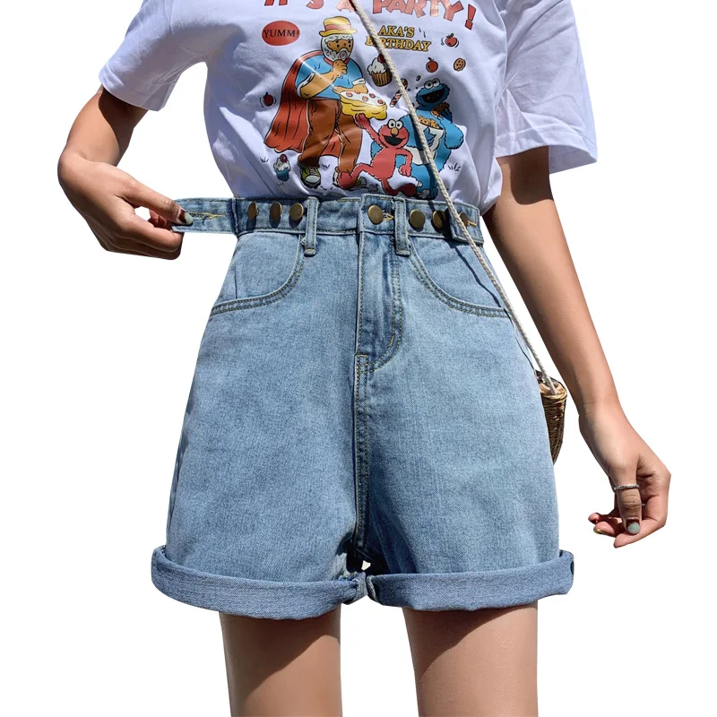 

2019 Summer Casual Adjustable High Waist Denim Shorts Women Loose Streetwear Wide Leg Jeans Shorts Plus Size Shorts feminino