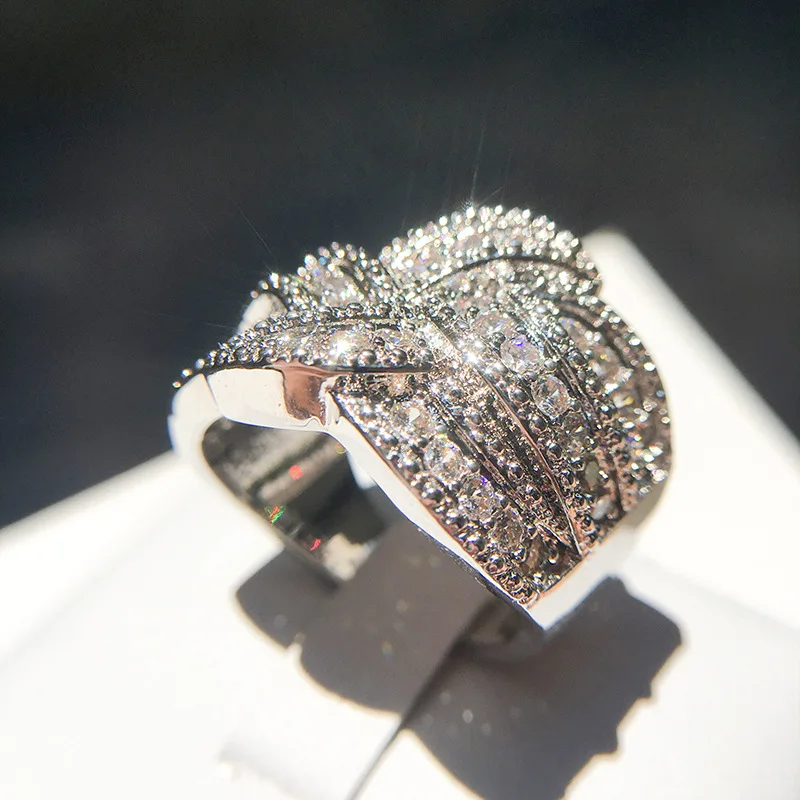 Роскошные Большие 925 пробы серебряные кольца с циркониевый камень CZ для женщин модные переплетенные обмотки Свадебные обручальные кольца