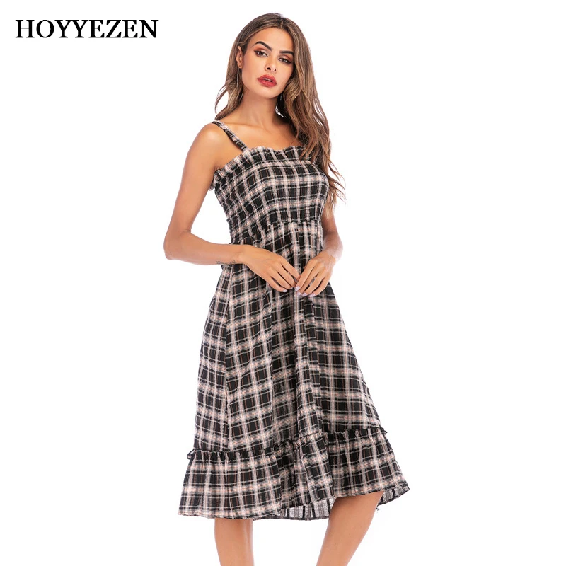 

Hoyyezen 2019 new summer woman retro style pleated high waist dress ruffled large size suspender dress