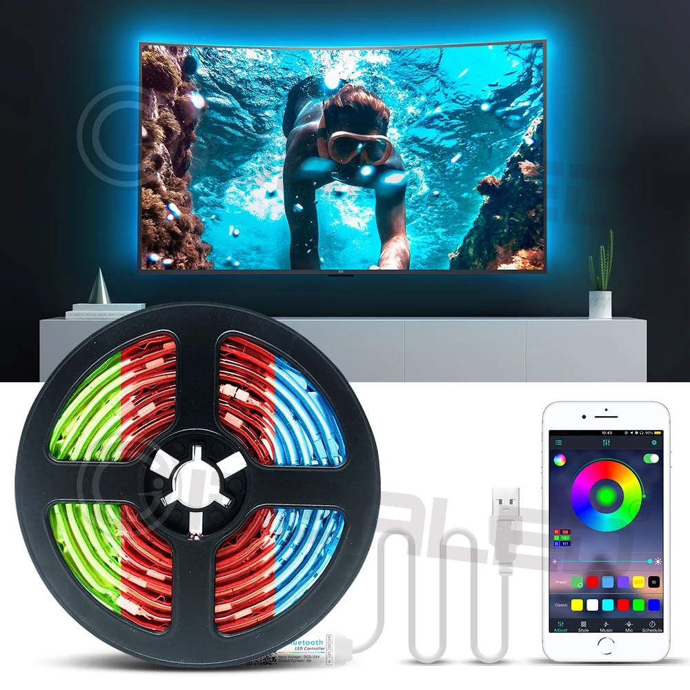 ТВ светодиодные полосы света приложение RGB цвет сменный для 40-60 дюймов HD tv 6.6ft USB питание 5 в Светодиодная лента с радиочастотным пультом, ТВ ПОДСВЕТКА комплект