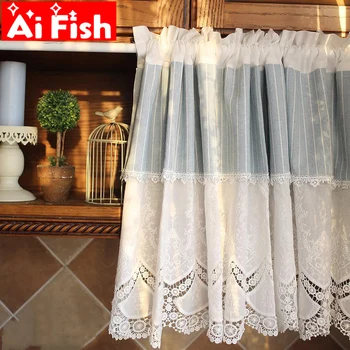 

1Pc Splicing Lace Embroidered Blue and White Striped Home Decoration Coffee Short Curtains For Kitchen / Living Room QT039#3