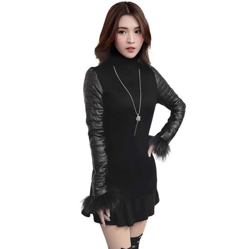 

Top Quality Turtleneck Pullovers Rivets Faux Leather Cotton Long Sleeve knitted Patchwork Women Tops For Winter Sweater