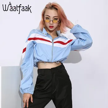

Waatfaak Short Cropped jacket Women Long Sleeve Blue Bomber jacket Windbreaker Patchwork Drawstring Loose Fashion Autumn Coat