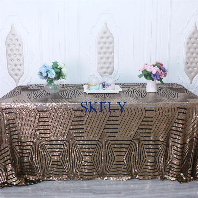 

SQ026CD New 2019 unique pattern metallic wedding gold sequin with black back 6ft or 8ft rectangle table cloth
