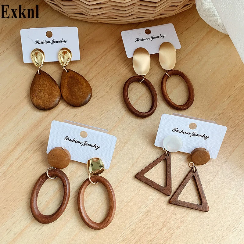 

Exknl Bohemia Vintage Women Wooden Fashion Boho Drop Earrings Gold color Geometric Long Triangle Jewelry Earrings For Women 2019