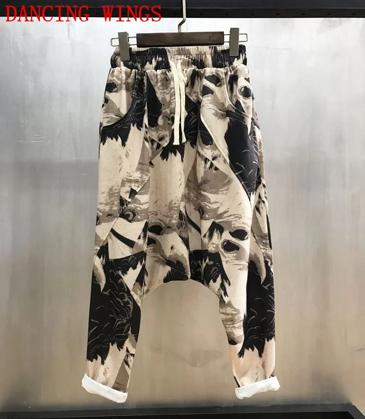 

Spring hip-hop women's Big crotch pants harem pants elastic waist Graffiti Printed casual trousers large size Cropped pants