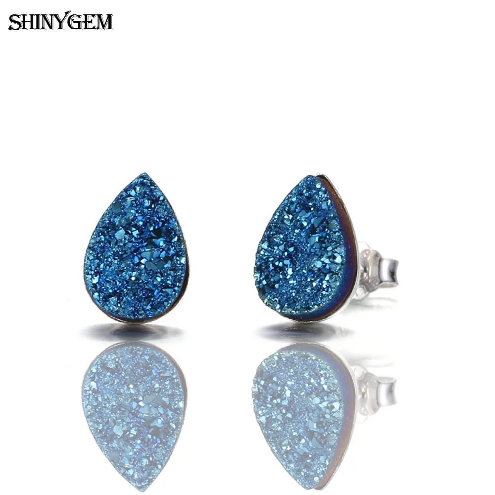 ShinyGem 8 мм 925 пробы серебряные серьги-гвоздики Любовь Сердце треугольник Овальный Капля воды небольшой Druzy натуральный камень серьги для женщин