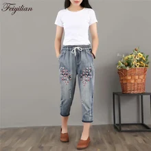 Летом Искусство и Голубой Вышитые Большой Код Свободные Джинсы, девушки Хлопка Семь Очков Брюки Жира Талии