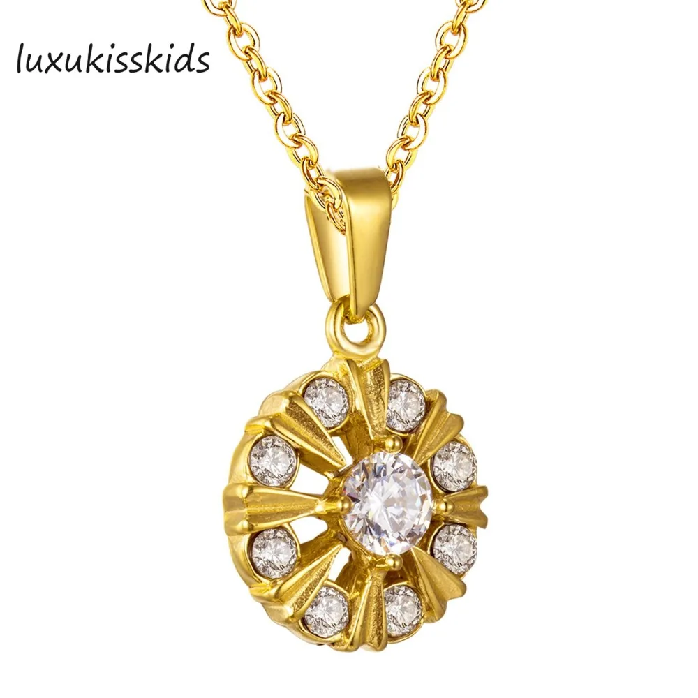 

LUXUKISSKIDS Ethiopian Necklace with full crystal Set Gold Filled stainless steel wheel pendant Jewelry African Coptic Abyssinia