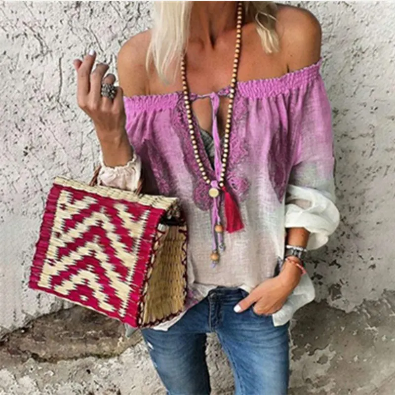 Plus Size 5XL 4XL Lace up Slash Collar Women Shirts 2019 Summer Sexy Long Sleeve Boho Loose Elastic Beach Lady Top Blouses Shirt