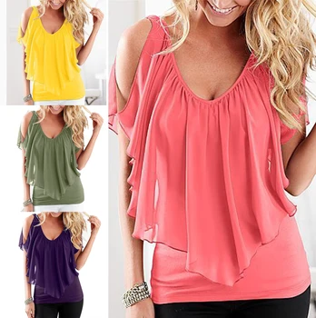 

Women Loose Tops Off Shoulder Deep V Chiffon Lady Shirt Casual Blouse BMF88
