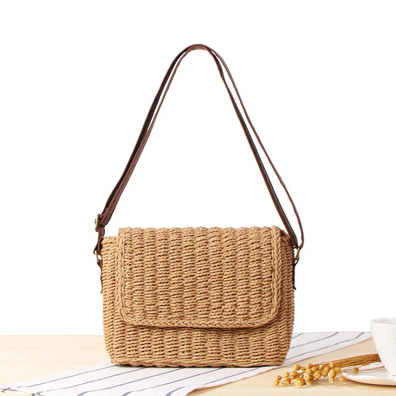 

Bohemian Women Crossbody Straw Bags Small Leather Strap Shoulder Bag Summer Ladies BeachTote Purse Flap Pocket Messenger Bag