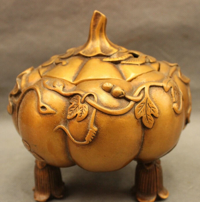 

Folk Chinese Buddhism Bronze Leaf Statue Pumpkin Shape Incense Burner Censer