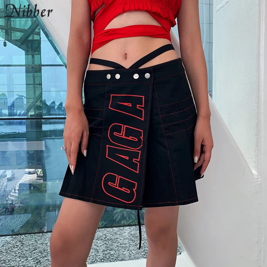 

Nibber2019summer hollow black white mini Pleated skirts women party night ladies wear Elegant Street Casual Denim skirts mujer
