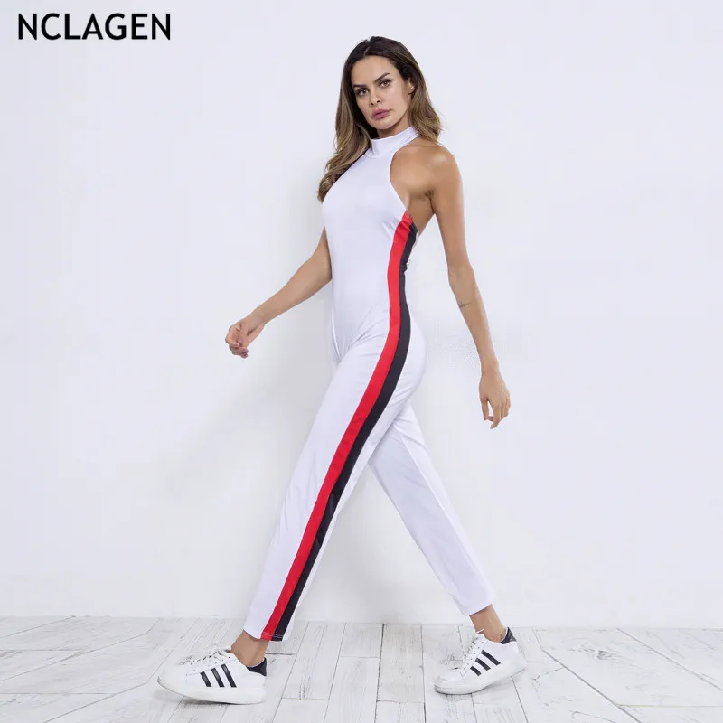 

NCLAGEN 2018 New Women Autumn Side Striped Patchwork Jumpsuits Romper Workout Backless Booty Butt Activewear Halter Bodysuit