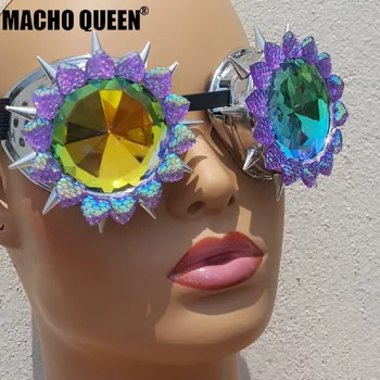 

Holographic Steampunk Spike Sunglasses Goggles Kaleidoscope Glasses Rainbow Crystal Lenses Rave Festival EDC Gear Eyewear